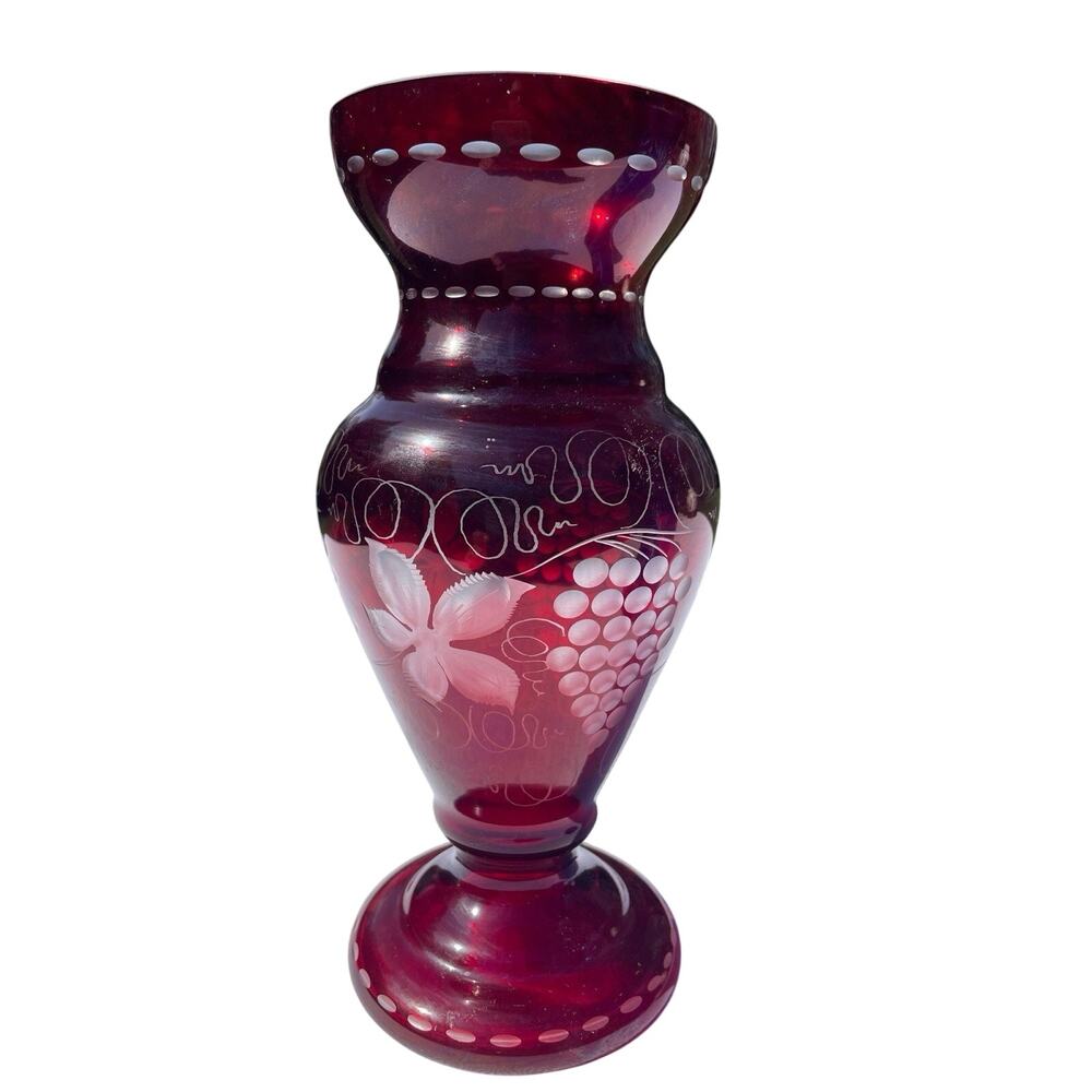 Vintage Egermann Ruby Red Cut To Clear Glass Vase